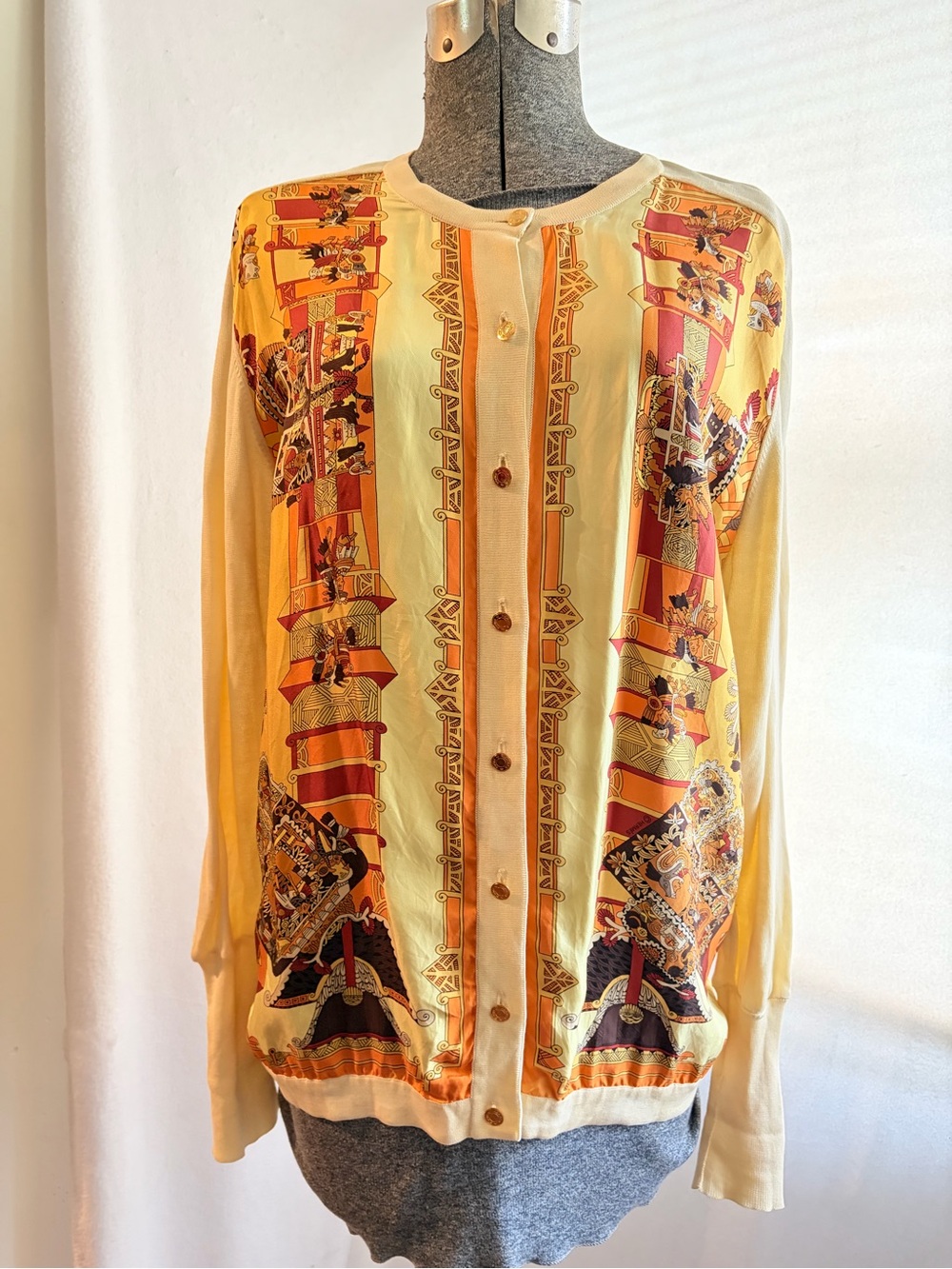Vtg Hermes silk scarf-front cotton cardigan